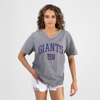 Women's Gameday Couture Gray New York Giants Relaxed Iconic Edge Rhinestone V-Neck T-Shirt