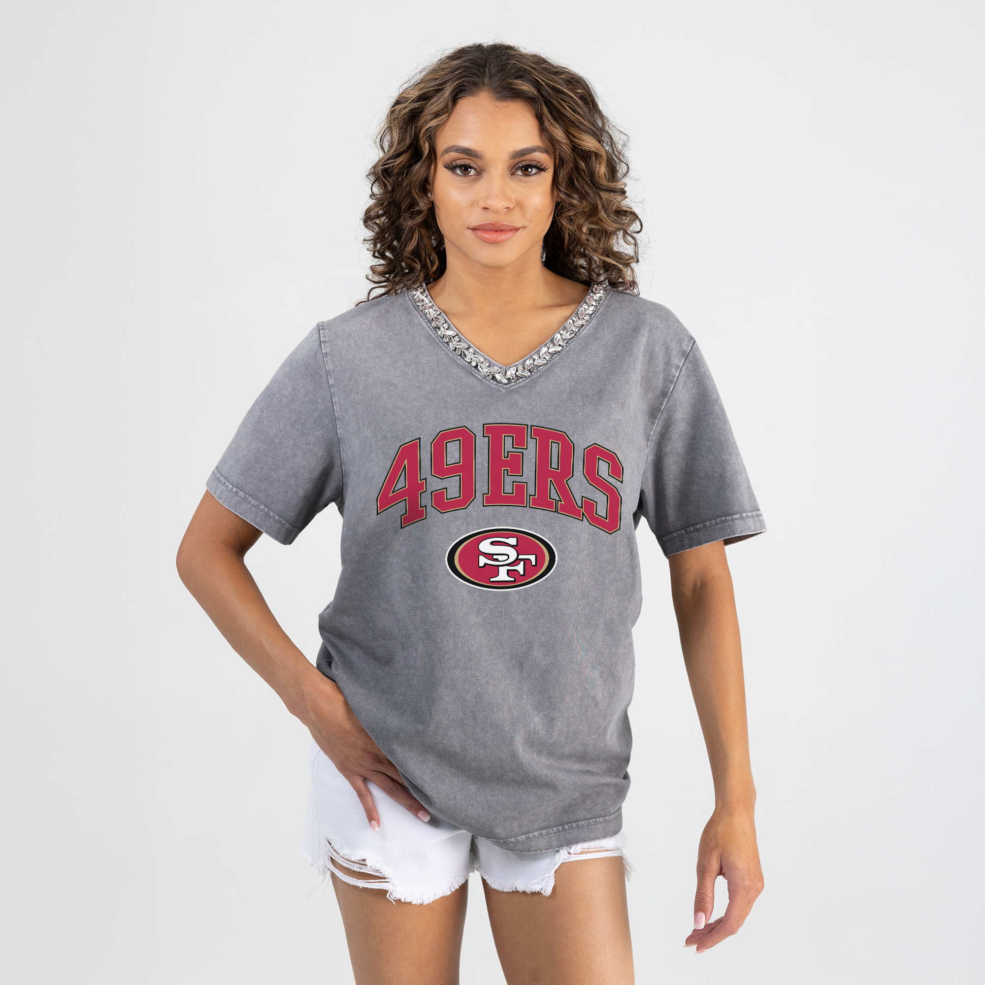 Women's Gameday Couture Gray San Francisco 49ers Relaxed Iconic Edge Rhinestone V-Neck T-Shirt