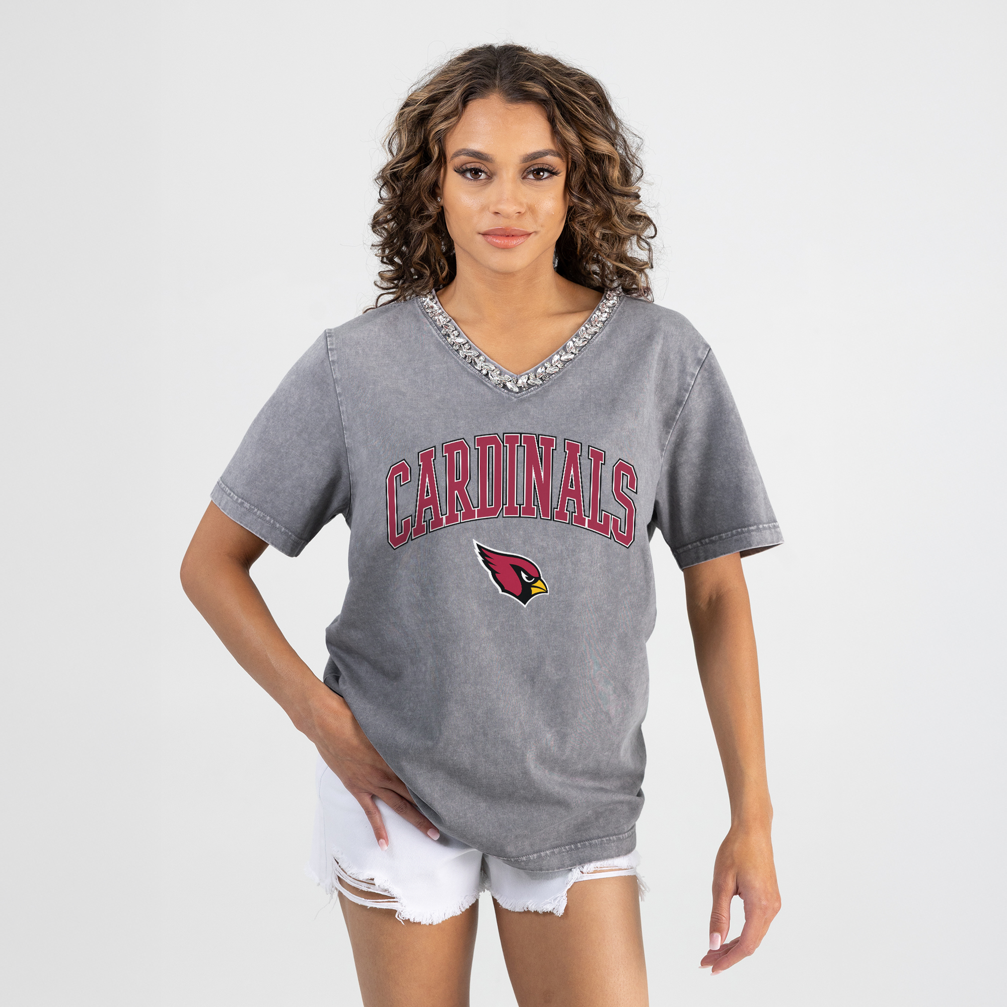 Women's Gameday Couture Gray Arizona Cardinals Relaxed Iconic Edge Rhinestone V-Neck T-Shirt