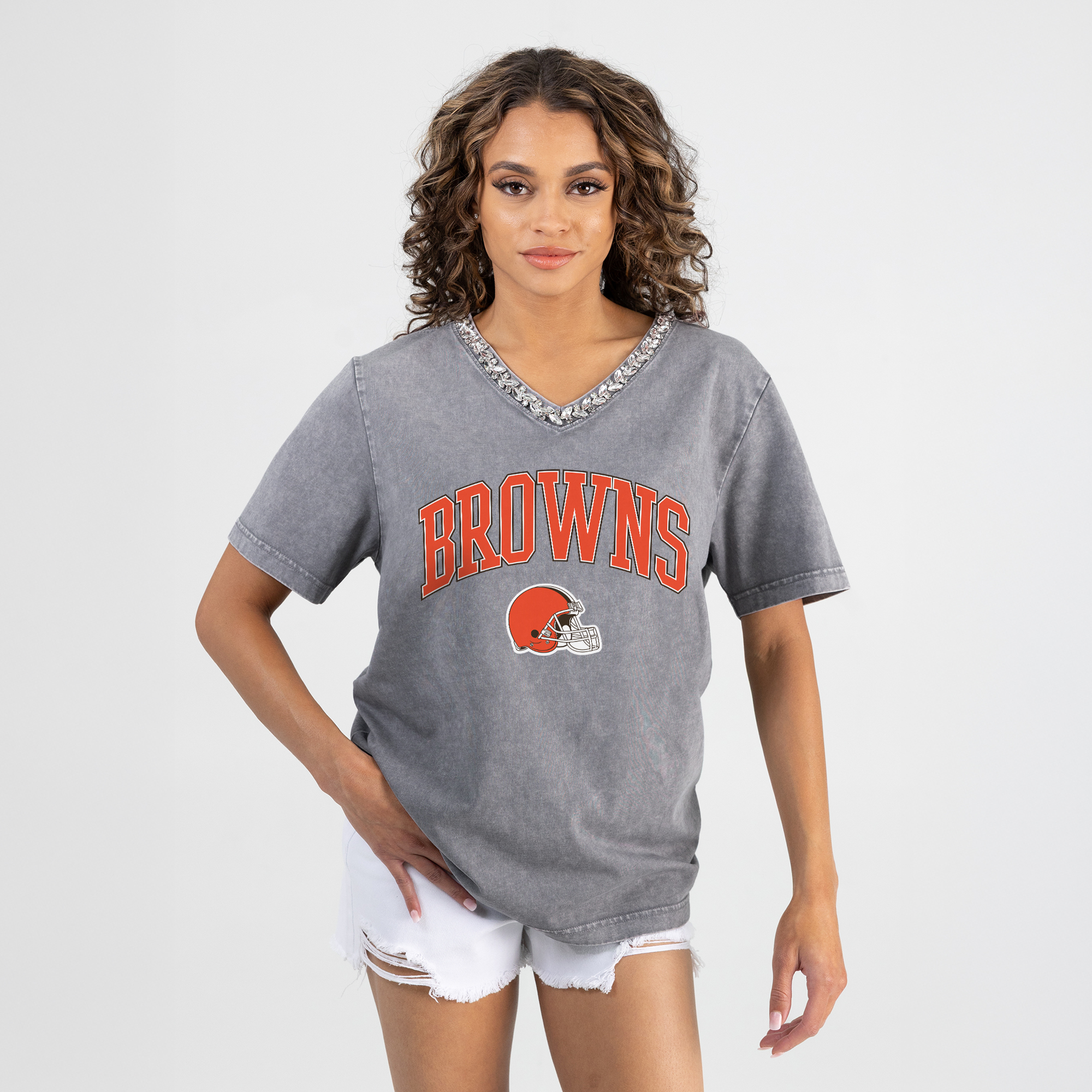 Women's Gameday Couture Gray Cleveland Browns Relaxed Iconic Edge Rhinestone V-Neck T-Shirt