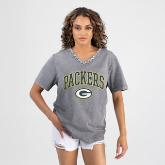 Women's Gameday Couture Gray Green Bay Packers Relaxed Iconic Edge Rhinestone V-Neck T-Shirt
