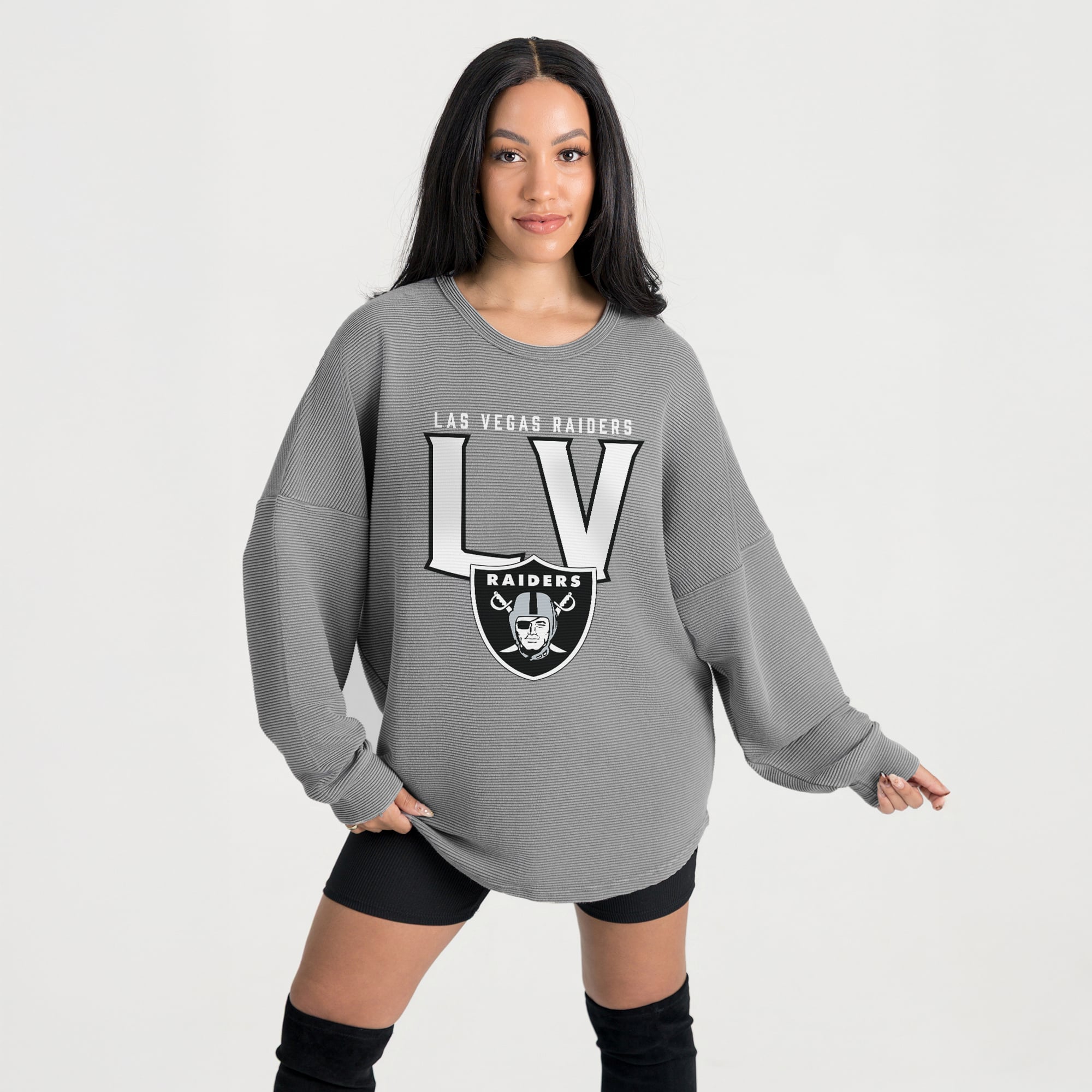 Women’s Gameday Couture Gray Las Vegas Raiders Oversized Pure Motion Corded Sweatshirt Women’s Gameday Couture Gray Las Vegas Raiders Oversized Pure Motion Corded Sweatshirt