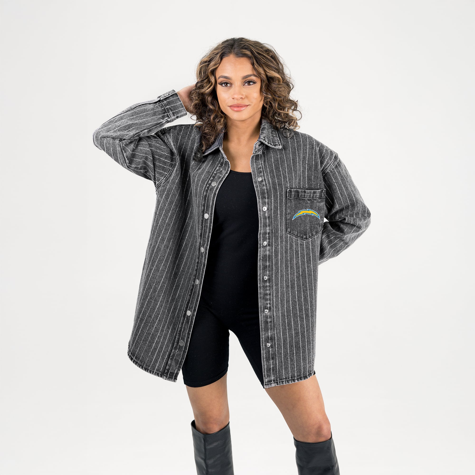 Women’s Gameday Couture Black Los Angeles Chargers Oversized Style’s the Limit Micro-Rhinestone Stripe Washed Denim Button Up Overshirt Women’s Gameday Couture Black Los Angeles Chargers Oversized Style’s the Limit Micro-Rhinestone Stripe Washed Denim Button Up Overshirt