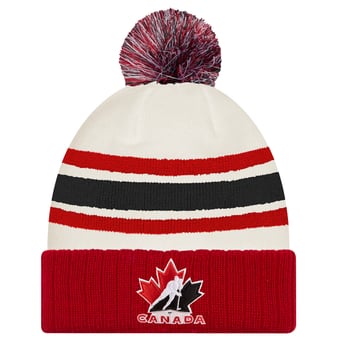 Men's New Era  White/Red Hockey Canada Milano Cortina 2026 Winter Olympics Striped Cuffed Knit Hat with Pom