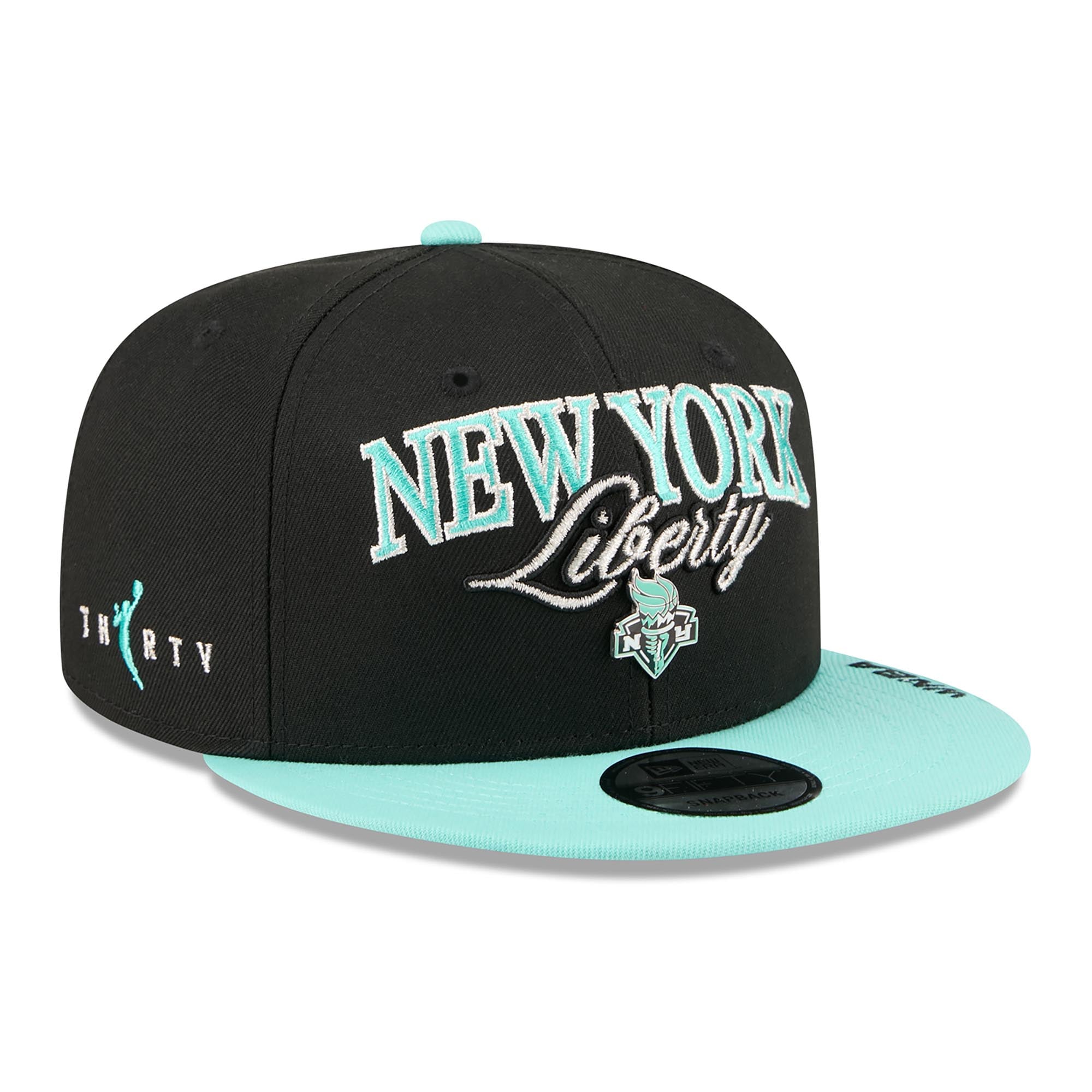 Unisex New Era Black/Mint New York Liberty WNBA Tip-Off 2026 Metal Badge A-Frame 9FIFTY Snapback Hat