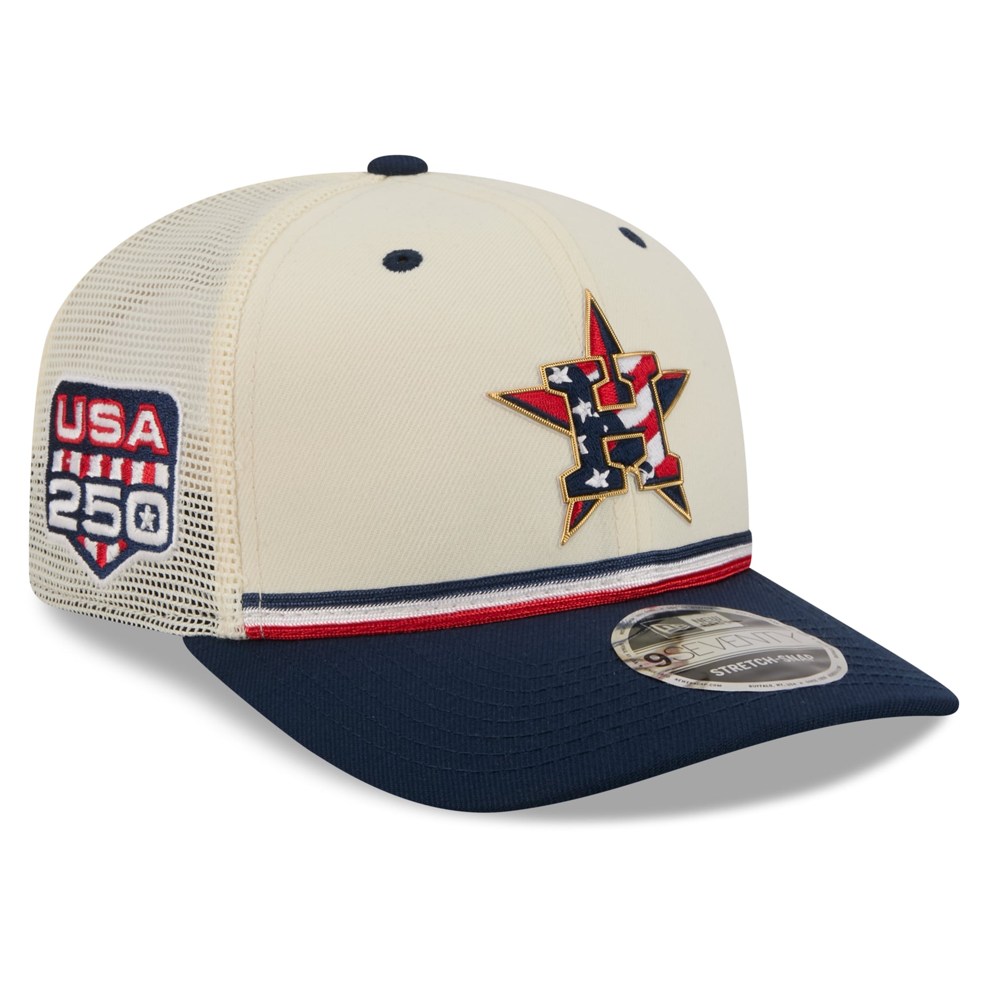 Men's New Era Cream/Navy Houston Astros USA 250 Fourth of July 9SEVENTY Adjustable Trucker Hat
