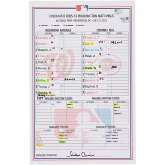 Washington Nationals Game-Used Lineup Card vs. Cincinnati Reds on July 23, 2025