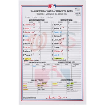 Washington Nationals Game-Used Lineup Card vs. Minnesota Twins on July 25, 2025