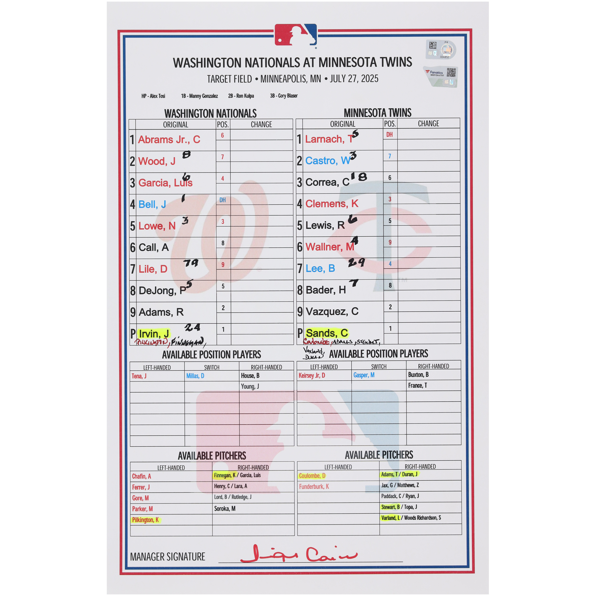 Washington Nationals Game-Used Lineup Card vs. Minnesota Twins on July 27, 2025