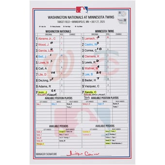 Washington Nationals Game-Used Lineup Card vs. Minnesota Twins on July 27, 2025