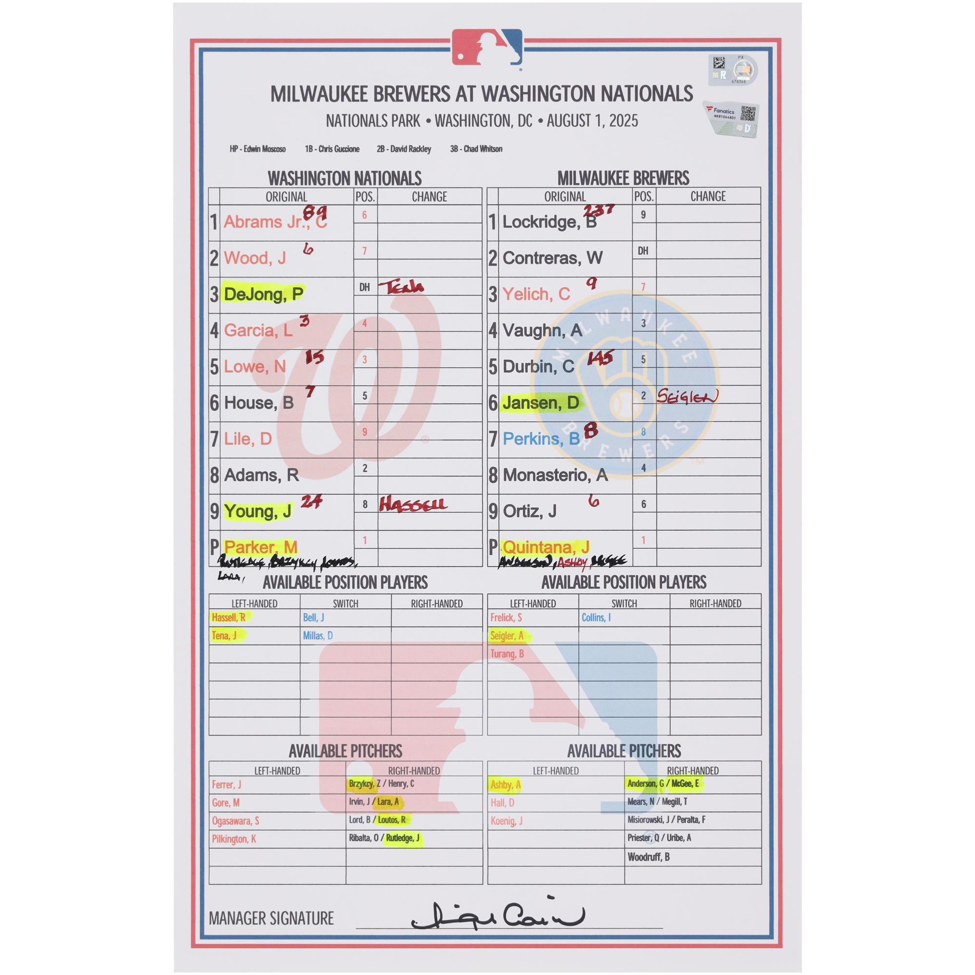 Washington Nationals Game-Used Lineup Card vs. Milwaukee Brewers on August 1, 2025