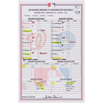 Washington Nationals Game-Used Lineup Card vs. Milwaukee Brewers on August 1, 2025