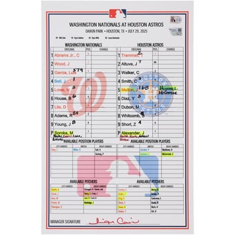 Washington Nationals Game-Used Lineup Card vs. Houston Astros on July 29, 2025