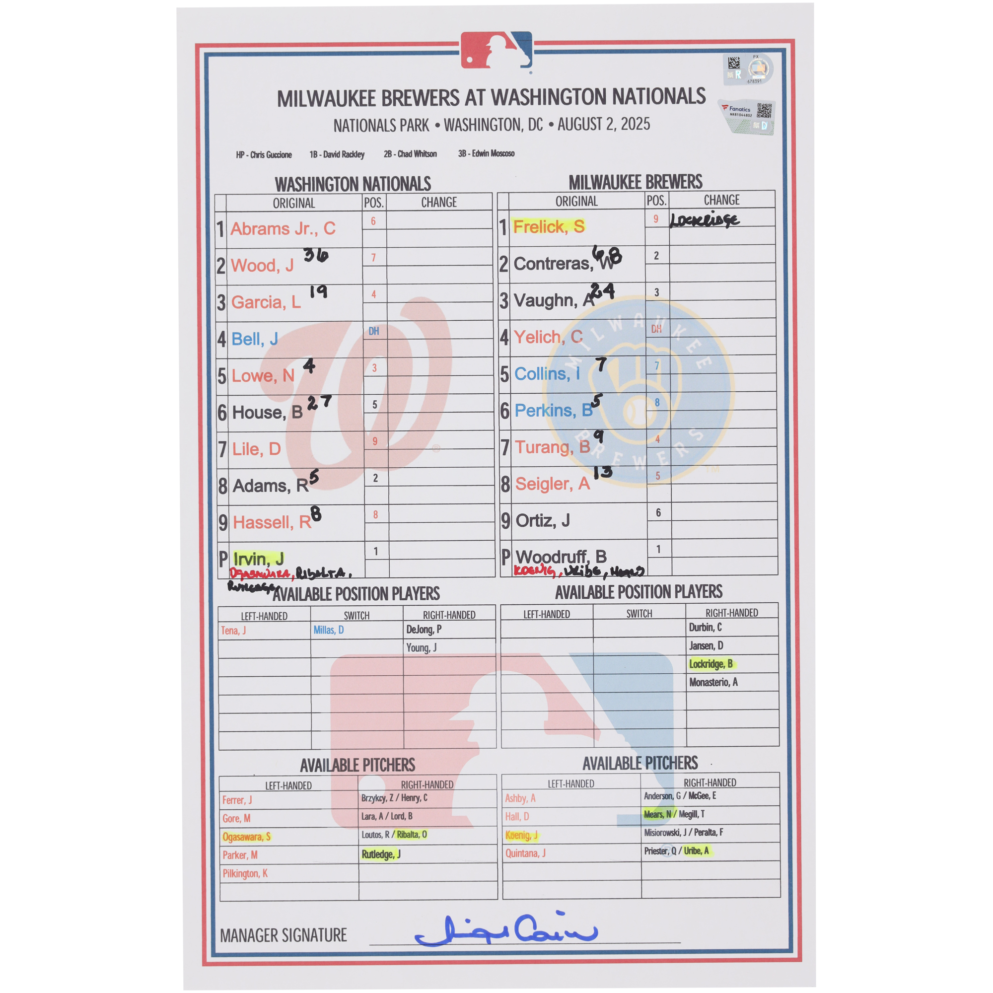 Washington Nationals Game-Used Lineup Card vs. Milwaukee Brewers on August 2, 2025