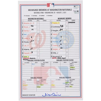Washington Nationals Game-Used Lineup Card vs. Milwaukee Brewers on August 2, 2025