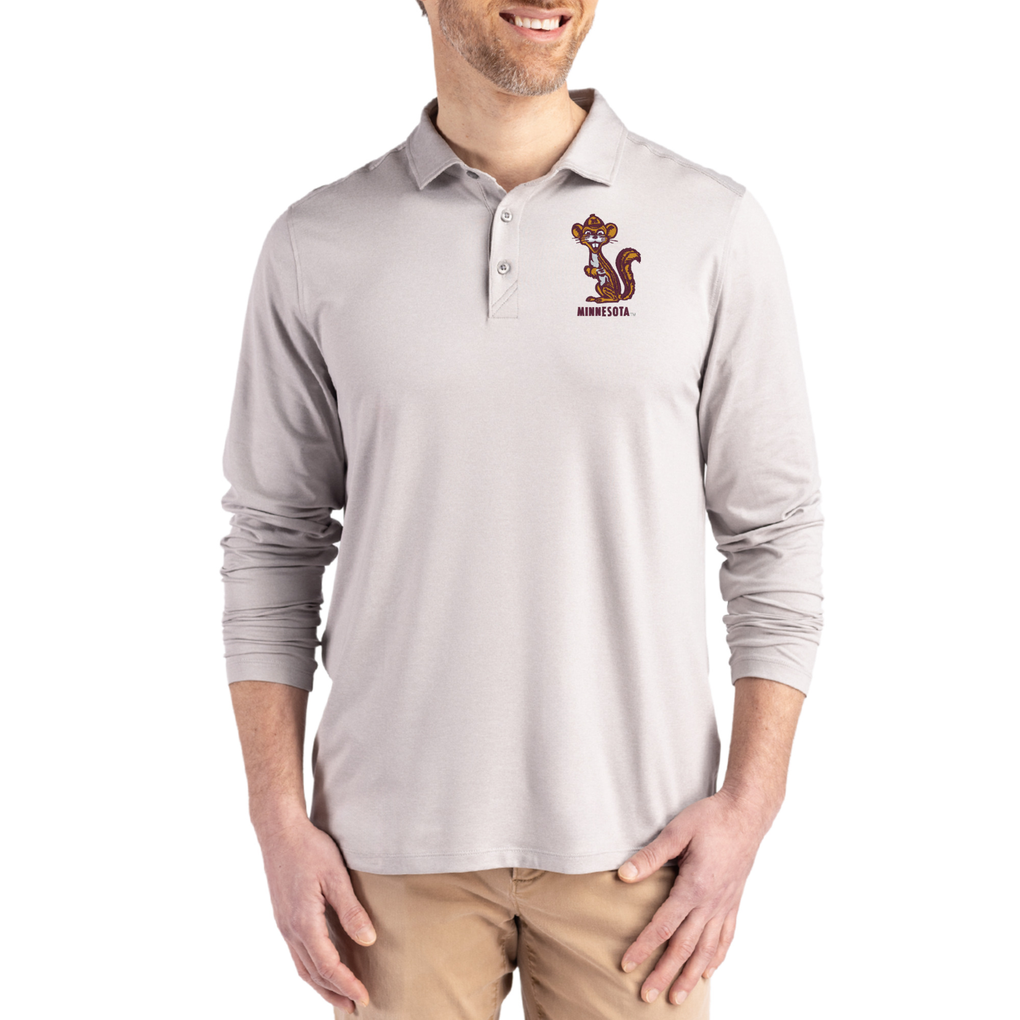 Men’s Cutter & Buck Gray Minnesota Golden Gophers Vault Coastline Epic Comfort Long-Sleeve Polo