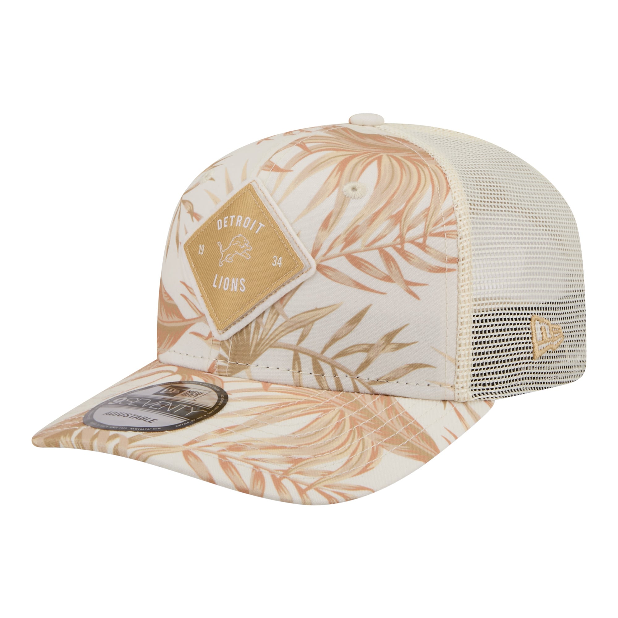 Men's New Era  Tan Detroit Lions Tonal Palm COOLERA 9SEVENTY Adjustable Trucker Hat