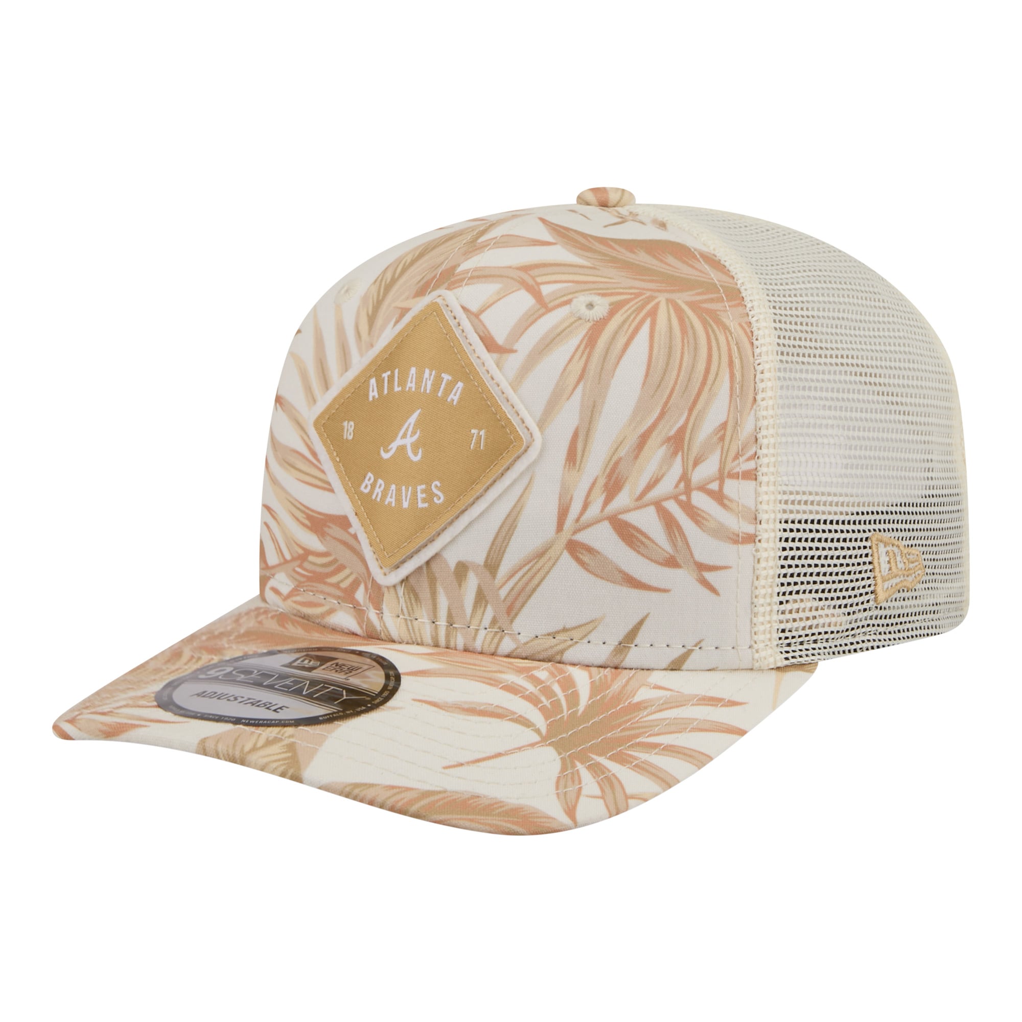Men's New Era  Tan Atlanta Braves Tonal Palm COOLERA 9SEVENTY Adjustable Trucker Hat
