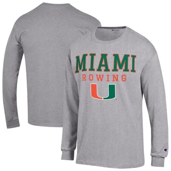 Men's Champion Gray Miami Hurricanes Stacked Logo Rowing Long Sleeve T-Shirt