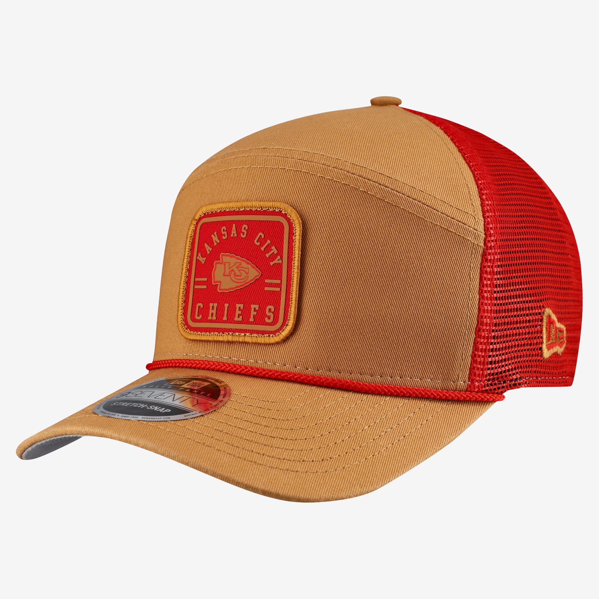 Men's New Era Brown/Red Kansas City Chiefs Team Patch Split Panel 9SEVENTY Adjustable Trucker Hat