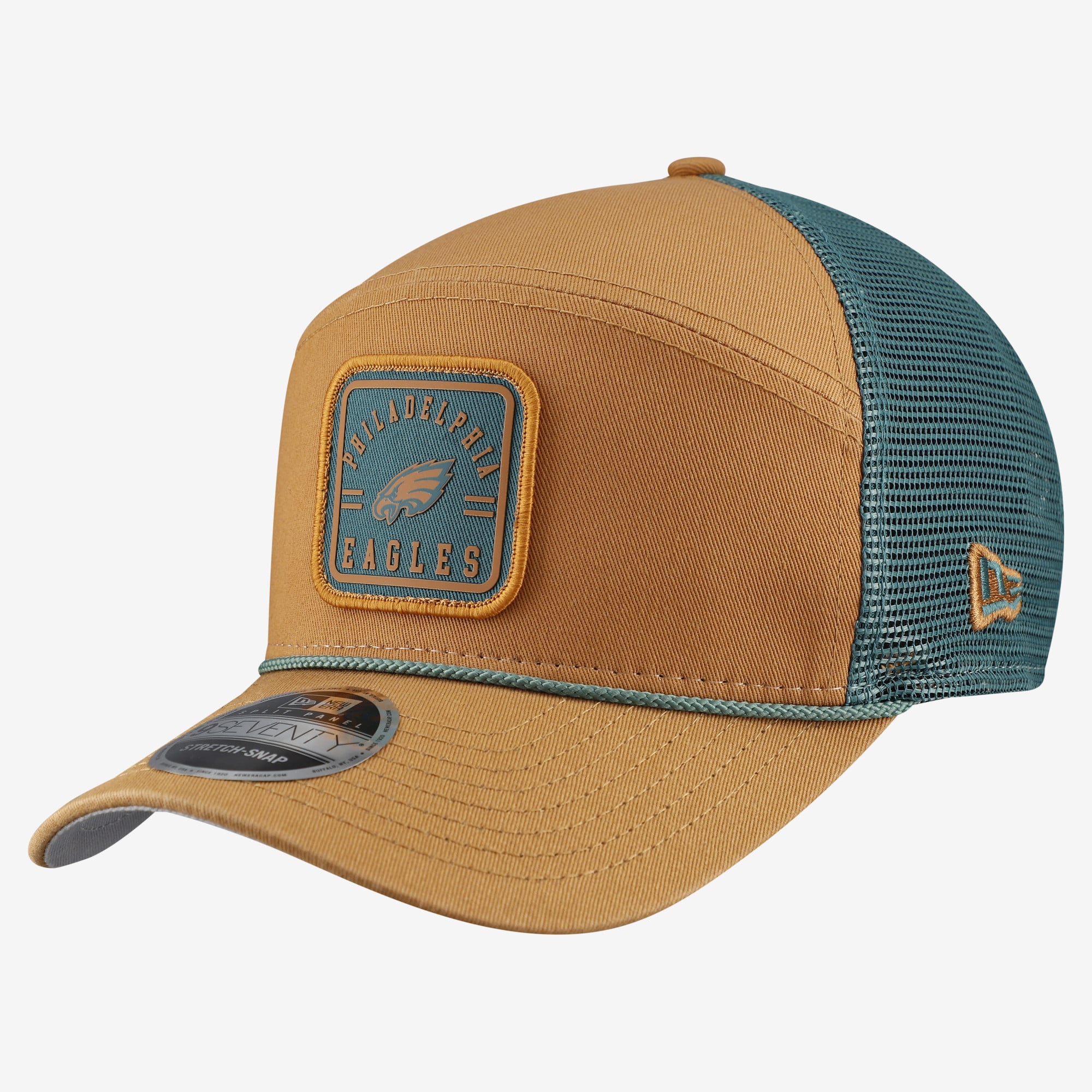 Men's New Era  Brown/Midnight Green Philadelphia Eagles Team Patch Split Panel 9SEVENTY Adjustable Trucker Hat