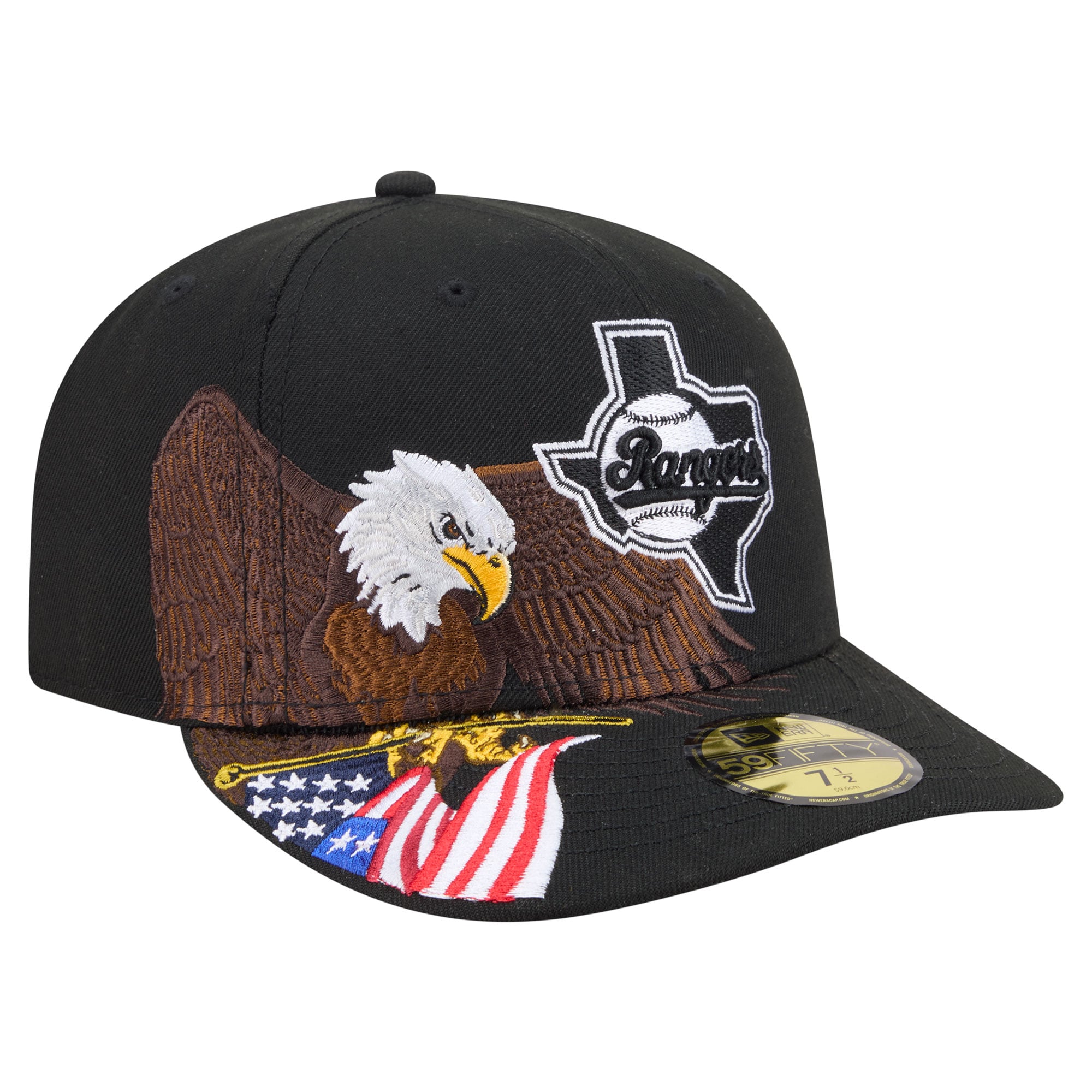 Men's New Era Black Texas Rangers Americana Bald Eagle Pre-Curved 59FIFTY Fitted Hat