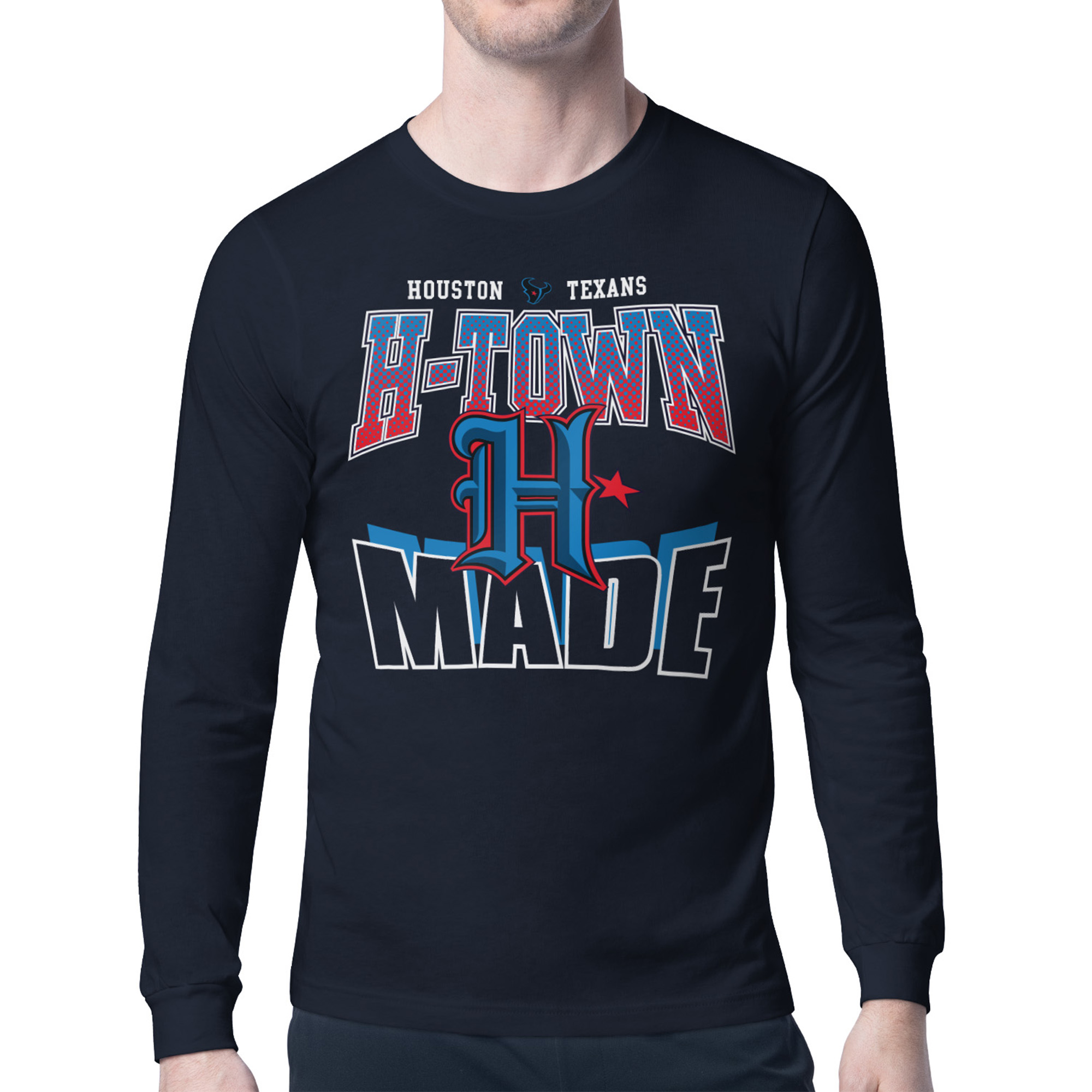 Men's Starter Navy Houston Texans Comic Style Slogan Long Sleeve T-Shirt