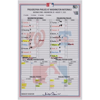 Washington Nationals Game-Used Lineup Card vs. Philadelphia Phillies on August 17, 2025