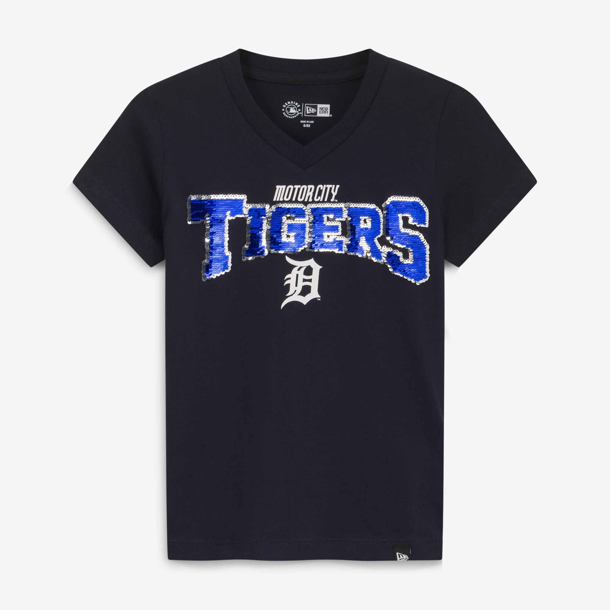 Girls Youth New Era  Navy Detroit Tigers City Connect Flip Sequin V-Neck T-Shirt