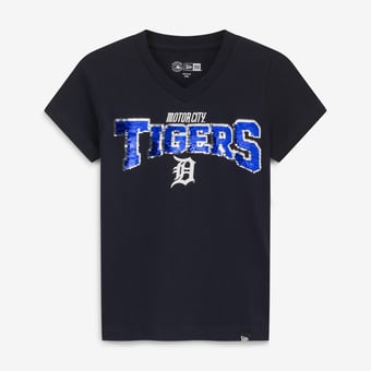Girls Youth New Era  Navy Detroit Tigers City Connect Flip Sequin V-Neck T-Shirt