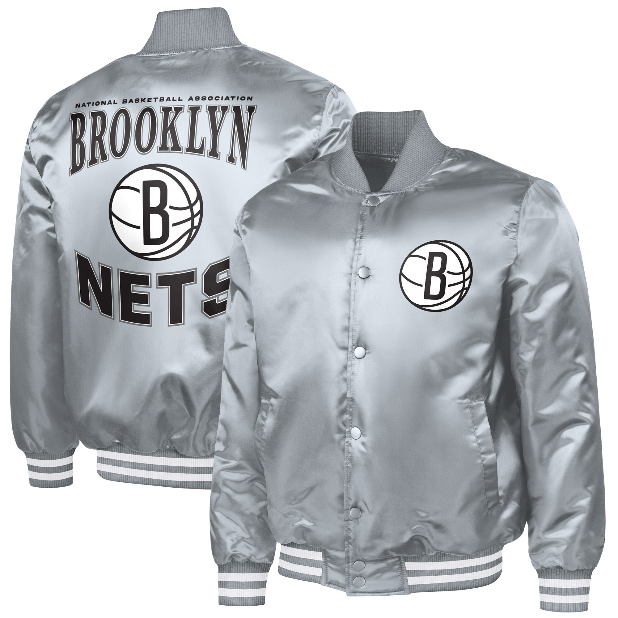 Men’s G-III Sports by Carl Banks Gray Brooklyn Nets Adaptive Bold Logo Satin Varsity Jacket Men’s G-III Sports by Carl Banks Gray Brooklyn Nets Adaptive Bold Logo Satin Varsity Jacket