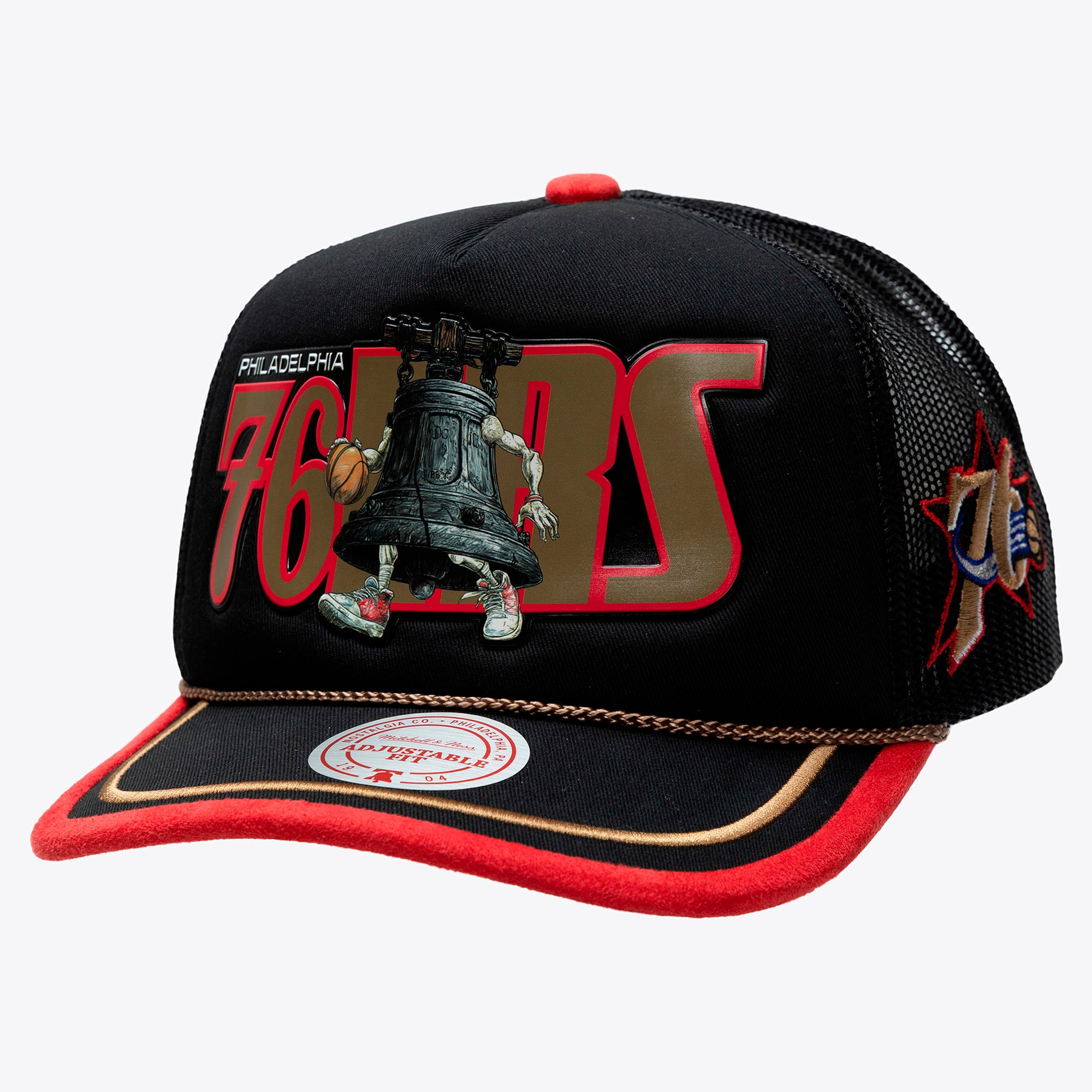 Men's Mitchell & Ness x LRG Black Philadelphia 76ers Hardwood Classics Trucker Adjustable Hat