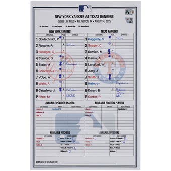 New York Yankees Game-Used Lineup Card vs. Texas Rangers on August 4, 2025
