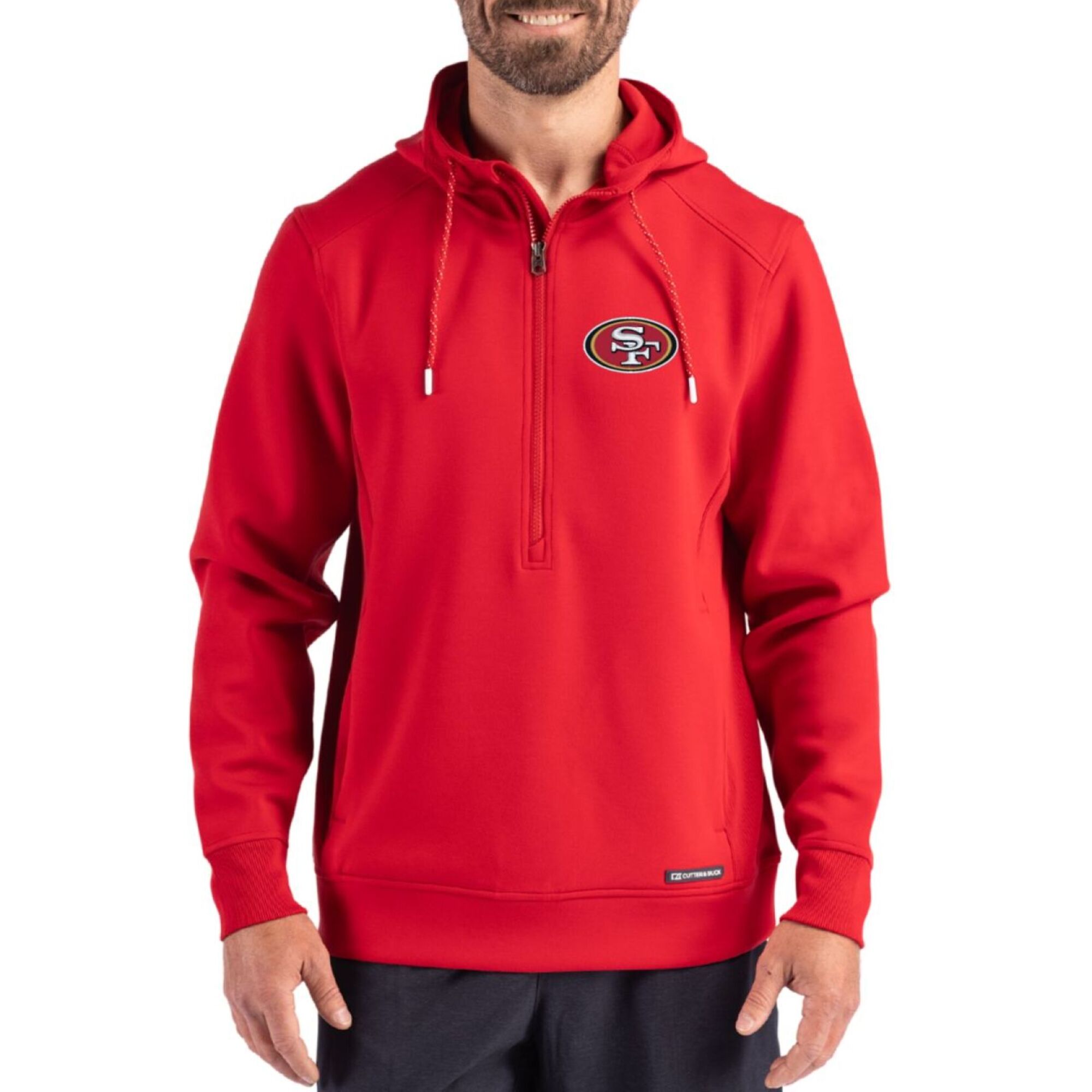 Men’s Cutter & Buck Scarlet San Francisco 49ers Roam Eco Half-Zip Recycled Pullover Hoodie Men’s Cutter & Buck Scarlet San Francisco 49ers Roam Eco Half-Zip Recycled Pullover Hoodie