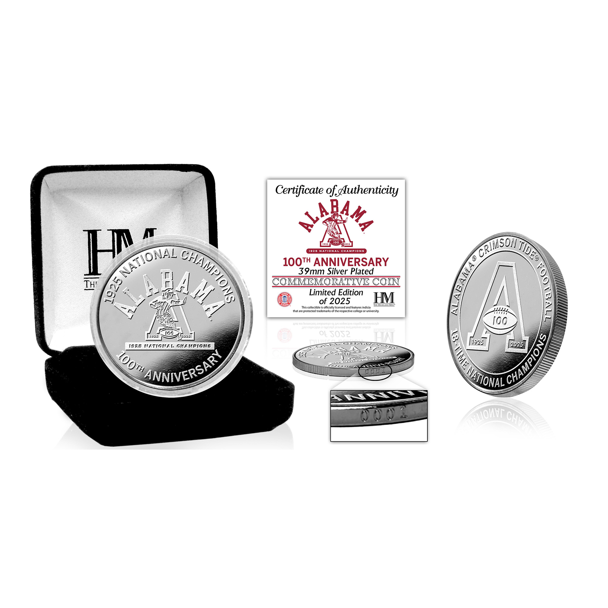 Highland Mint Alabama Crimson Tide 100th Anniversary 1925 Championship Silver Flip Coin