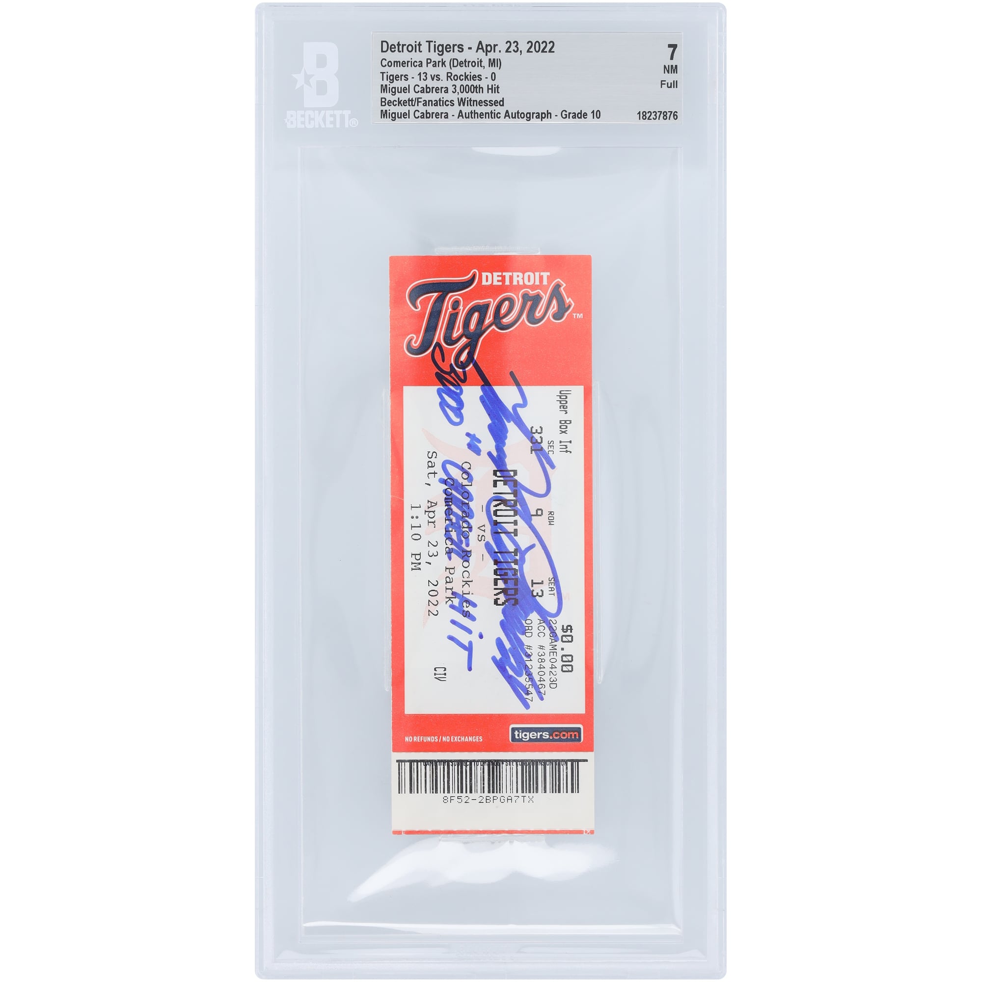 Miguel Cabrera Detroit Tigers Autographed 3,000th Hit Beckett Fanatics Witnessed Authenticated /10 Ticket from April 23, 2022 with "3,000th Career Hit" Inscription