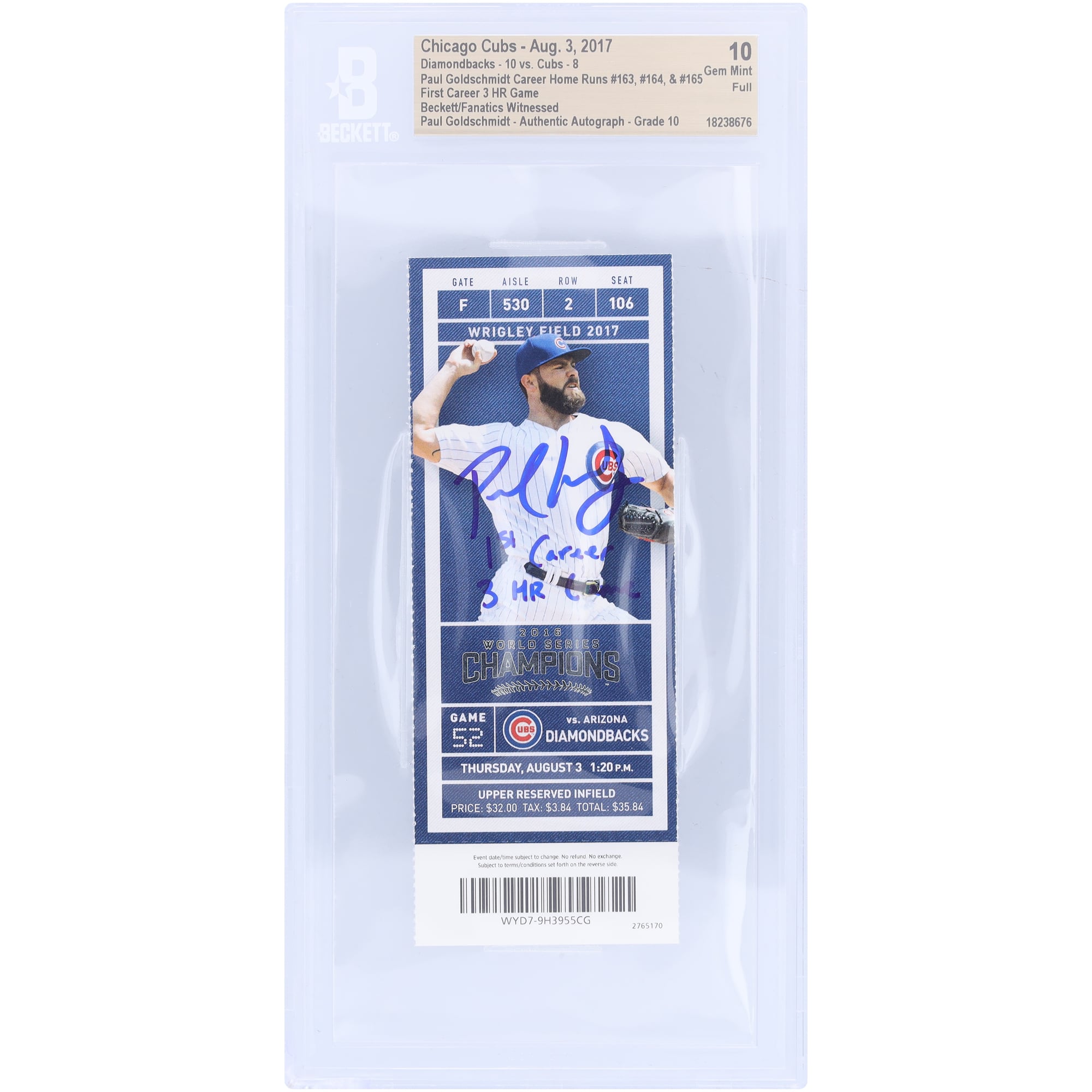 Paul Goldschmidt Arizona Diamondbacks Autographed First Career 3-HR Game Beckett Fanatics Witnessed Authenticated 10/10 Ticket from August 3, 2017 with "1st Career 3 HR Game" Inscription