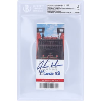 "Jordan Walker St. Louis Cardinals Autographed 1st Multi-Hit & First Stolen Base Beckett Fanatics Witnessed Authenticated 9/10 Ticket from April 1, 2023 with ""1st Career SB"" Inscription"