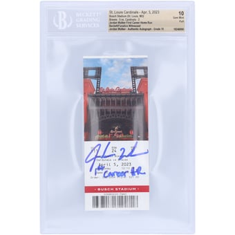 "Jordan Walker St. Louis Cardinals Autographed 1st Career Home Run Beckett Fanatics Witnessed Authenticated 10/10 Ticket from April 5, 2023 with ""1st Career HR"" Inscription"