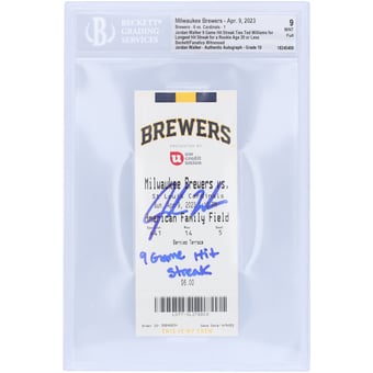 "Jordan Walker St. Louis Cardinals Autographed Ties Longest Hit Streak for Rookie Age 20 or Less Beckett Fanatics Witnessed Authenticated 9/10 Ticket from April 9, 2023 with ""9 Game Hit Streak"" Inscription"