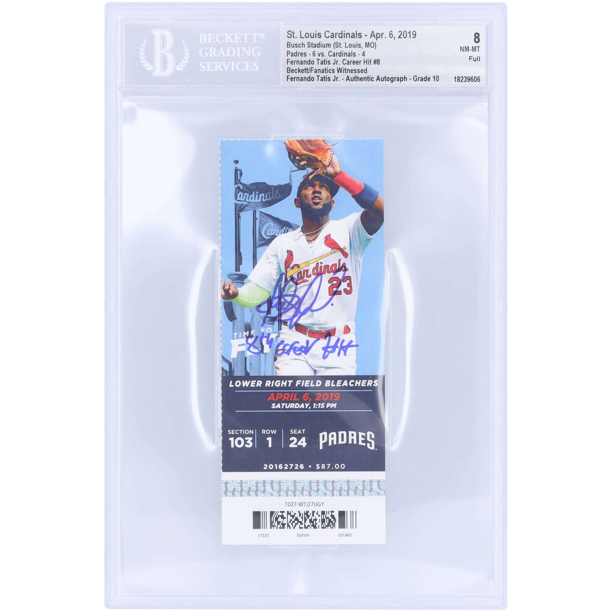 Fernando Tatis Jr. San Diego Padres Autographed Career Hit #8 Beckett Fanatics Witnessed Authenticated 8/10 Ticket from April 6, 2019 with “8th Career Hit” Inscription