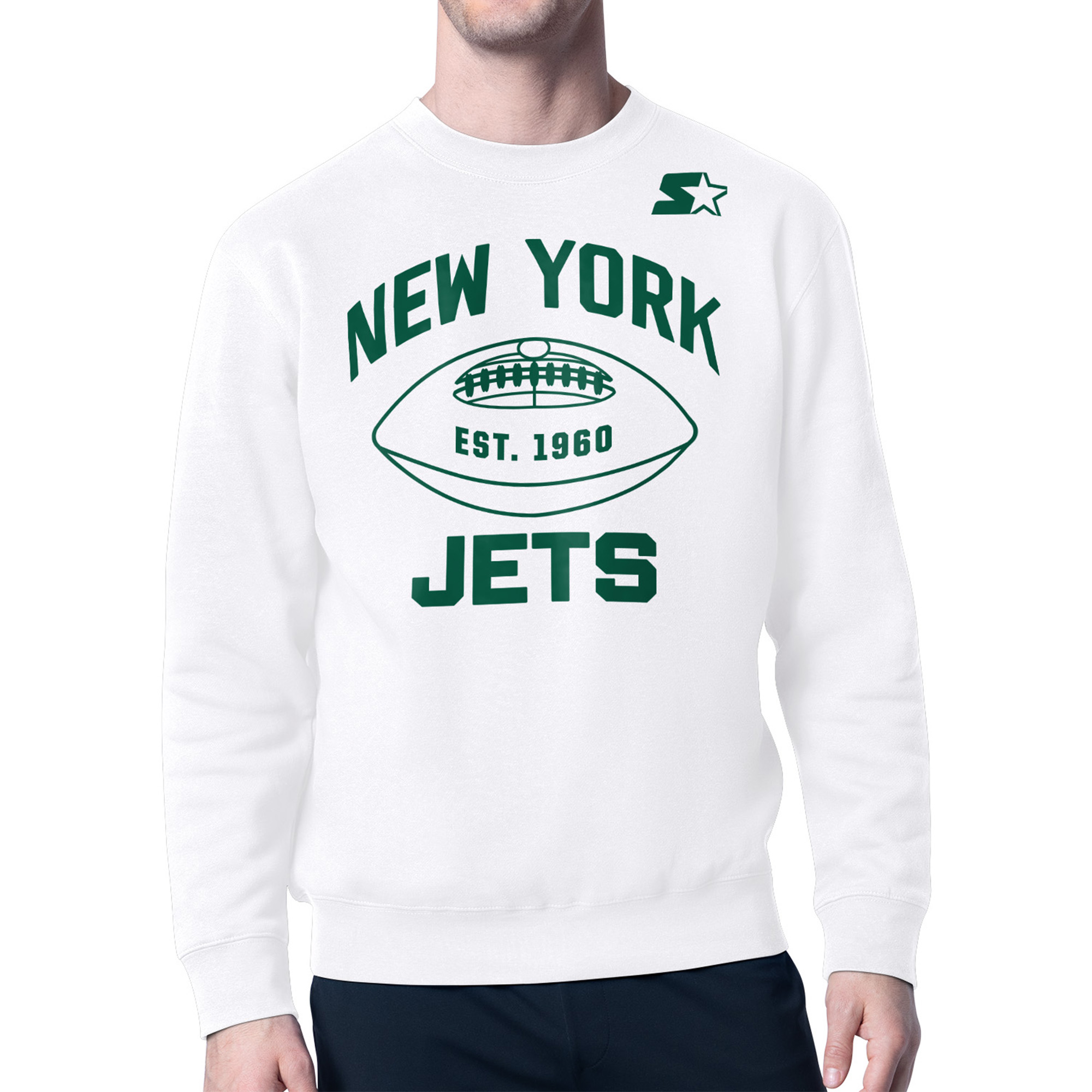 Men's Starter White New York Jets Green and White Forever Fleece Sweatshirt
