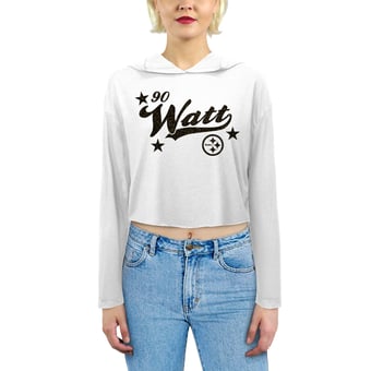 Women's Majestic Threads T.J. Watt White Pittsburgh Steelers Glitter Wordmark Hoodie