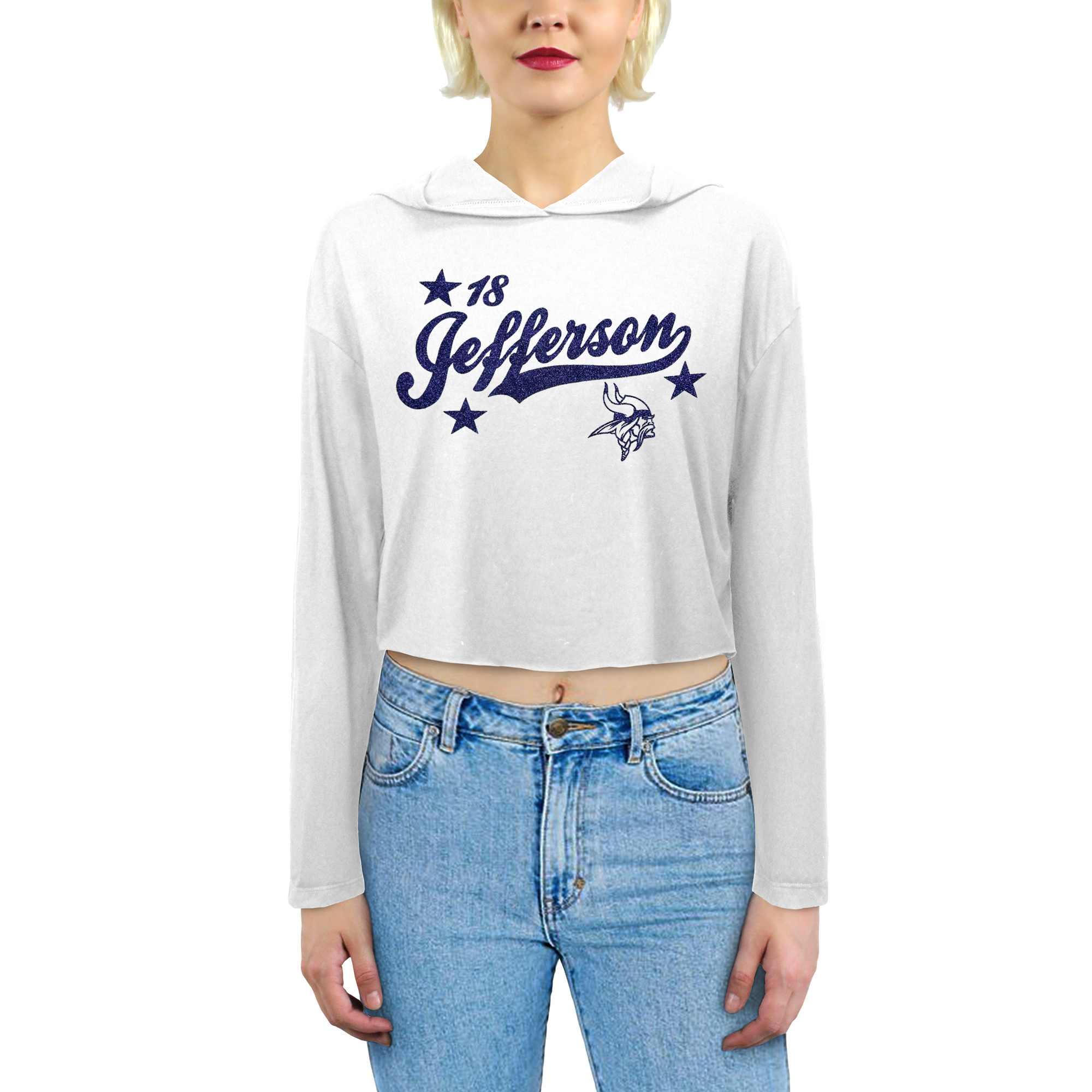 Women's Majestic Threads Justin Jefferson White Minnesota Vikings Glitter Wordmark Hoodie