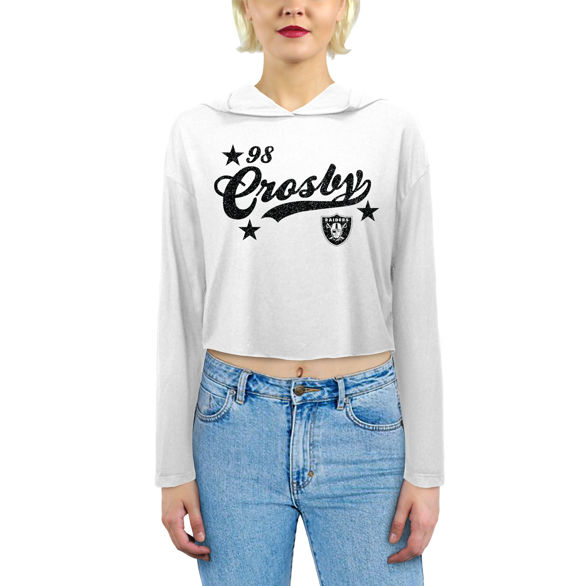 Women's Majestic Threads Maxx Crosby White Las Vegas Raiders Glitter Wordmark Hoodie