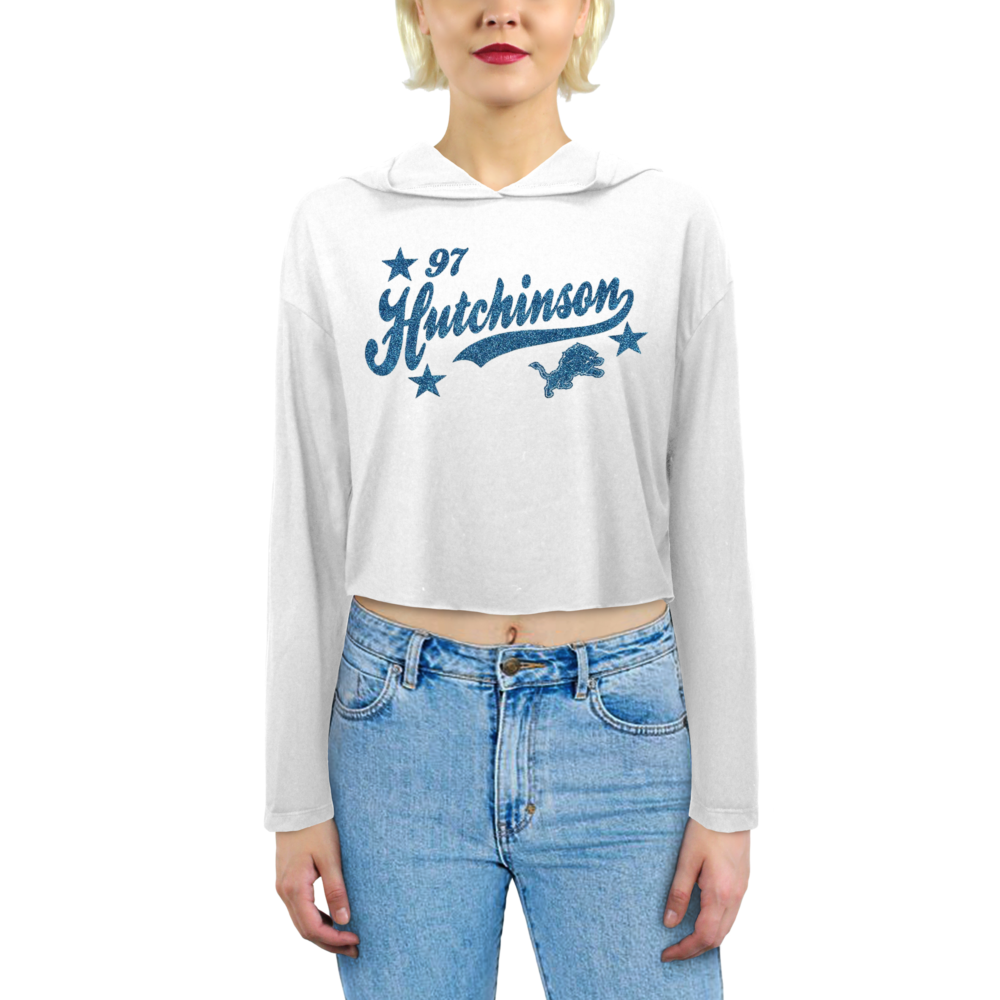 Women's Majestic Threads Aidan Hutchinson White Detroit Lions Glitter Wordmark Hoodie
