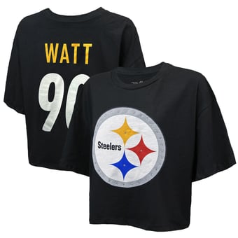 Women's Majestic Threads T.J. Watt Black Pittsburgh Steelers Swarovski Crystals Boxy Cropped Name & Number T-Shirt