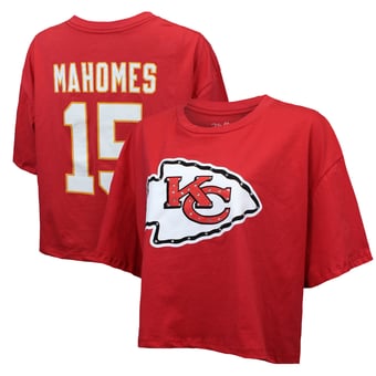Women's Majestic Threads Patrick Mahomes Red Kansas City Chiefs Swarovski Crystals Boxy Cropped Name & Number T-Shirt
