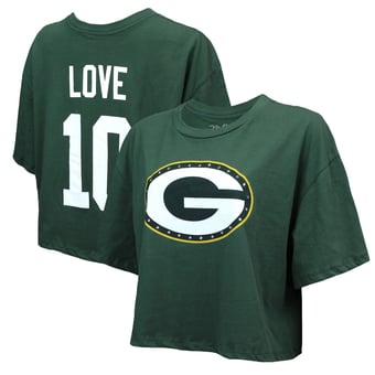 Women's Majestic Threads Jordan Love Green Green Bay Packers Swarovski Crystals Boxy Cropped Name & Number T-Shirt