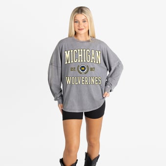 Women's Gameday Couture Gray Michigan Wolverines Oversized Final Score Snow Wash Long Sleeve T-Shirt